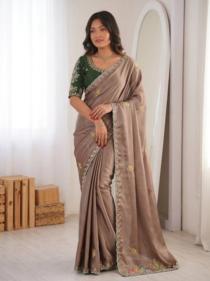 Brown Designer Fancy Embroidered Border Saree