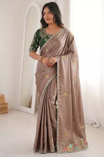 Brown Designer Fancy Embroidered Border Saree
