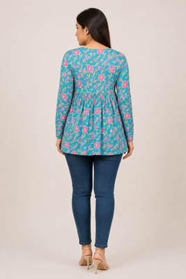 Anushil floral printed short kurti for women | cotton blend a-line tunic top | v-neck gathered top 4