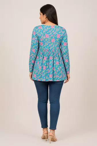 Anushil floral printed short kurti for women | cotton blend a-line tunic top | v-neck gathered top