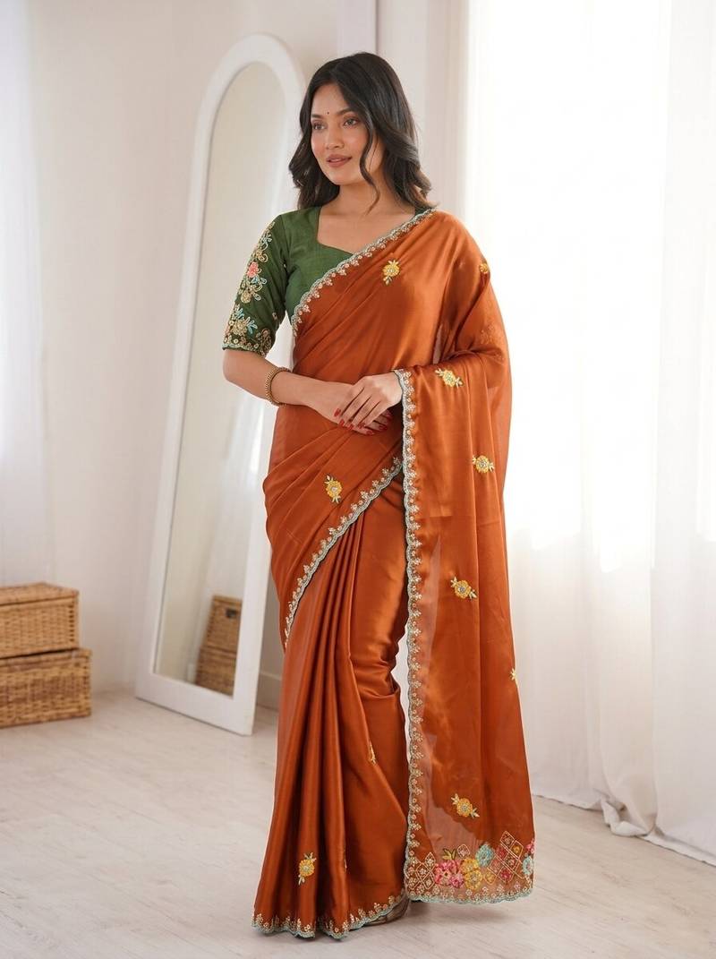 Orange Designer Fancy Embroidered Border Saree