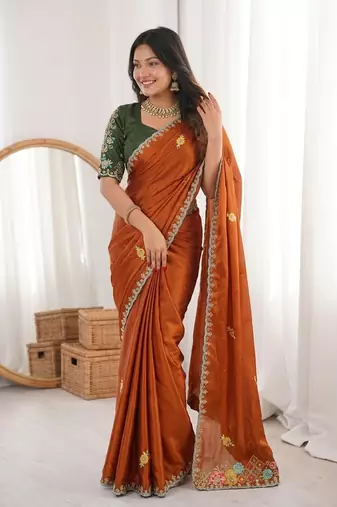 Orange Designer Fancy Embroidered Border Saree