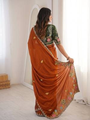 Orange Designer Fancy Embroidered Border Saree 3