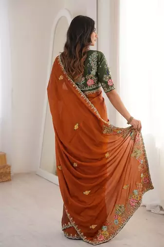 Orange Designer Fancy Embroidered Border Saree
