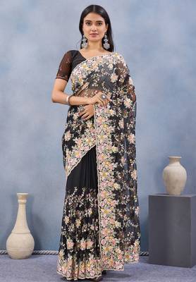 Black floral embroidered work designer net saree sari 1