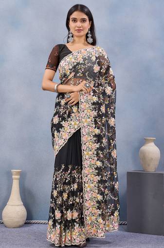 Black floral embroidered work designer net saree sari