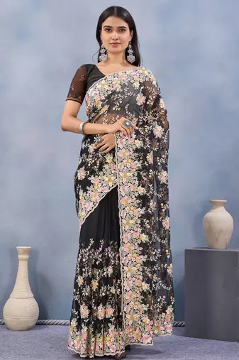 Black floral embroidered work designer net saree sari