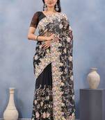Black floral embroidered work designer net saree sari