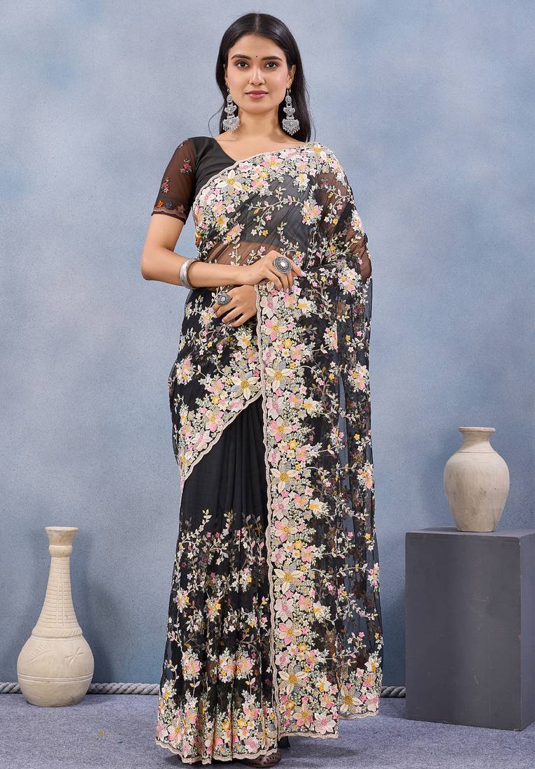 Black floral embroidered work designer net saree sari