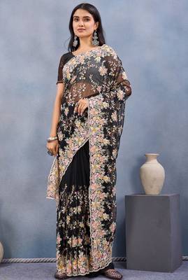 Black floral embroidered work designer net saree sari 2