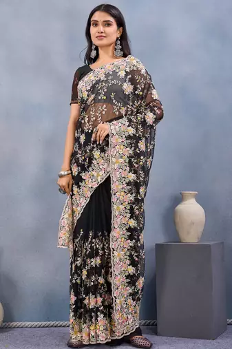 Black floral embroidered work designer net saree sari