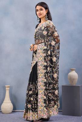 Black floral embroidered work designer net saree sari 3