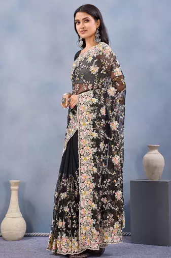 Black floral embroidered work designer net saree sari