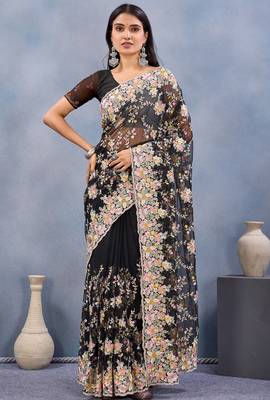 Black floral embroidered work designer net saree sari 4