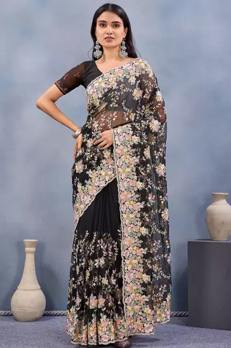 Black floral embroidered work designer net saree sari