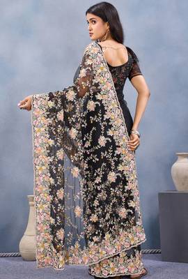 Black floral embroidered work designer net saree sari 5