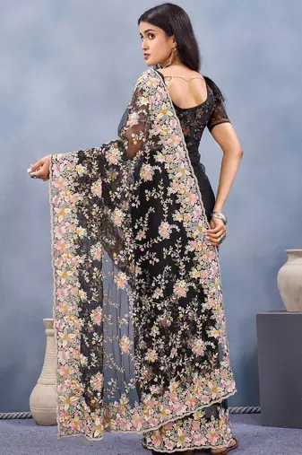 Black floral embroidered work designer net saree sari