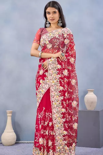 Red floral embroidered work designer net saree sari
