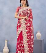 Red floral embroidered work designer net saree sari