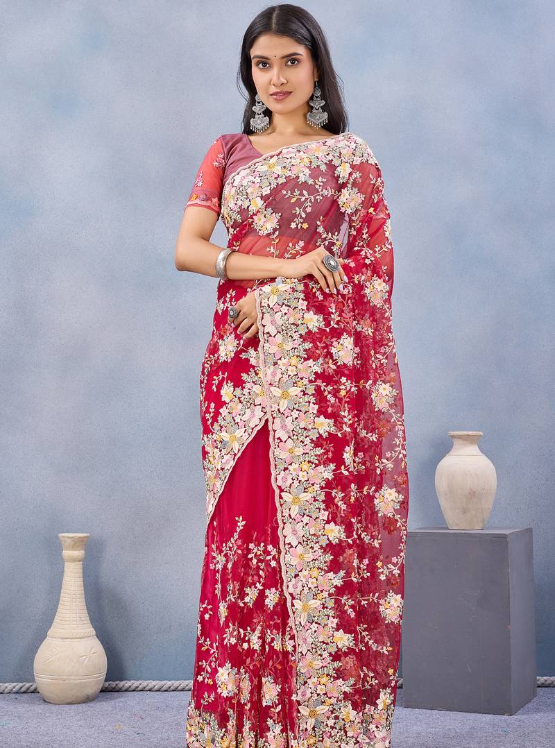 Red floral embroidered work designer net saree sari
