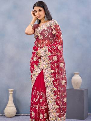 Red floral embroidered work designer net saree sari 2