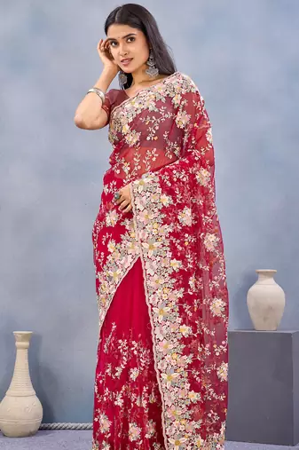 Red floral embroidered work designer net saree sari