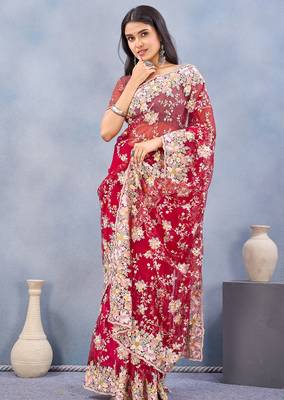 Red floral embroidered work designer net saree sari 3