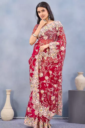 Red floral embroidered work designer net saree sari