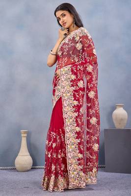 Red floral embroidered work designer net saree sari 4