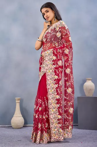 Red floral embroidered work designer net saree sari