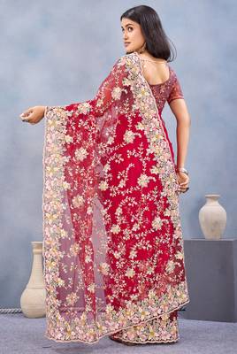 Red floral embroidered work designer net saree sari 5