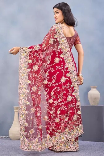 Red floral embroidered work designer net saree sari