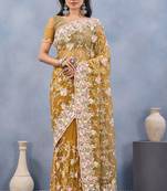 Mustard floral embroidered work designer net saree sari