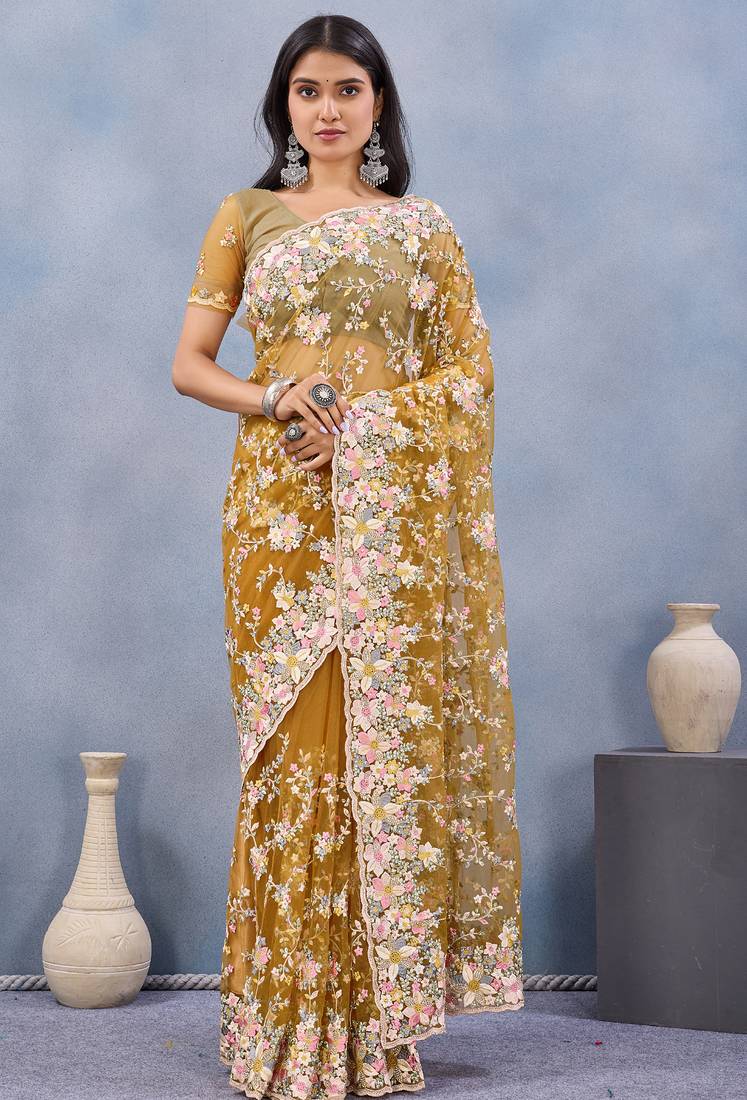 Mustard floral embroidered work designer net saree sari