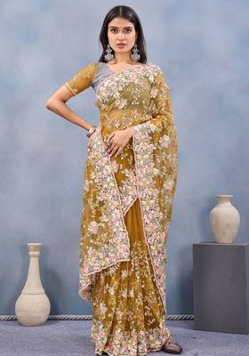 Mustard floral embroidered work designer net saree sari 2