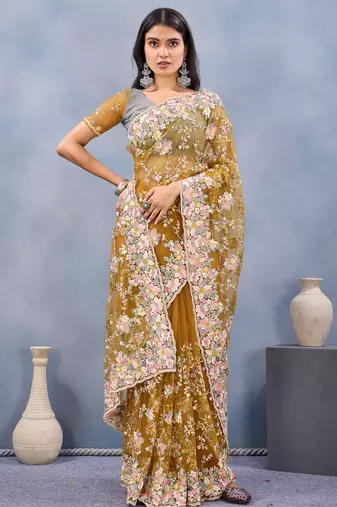Mustard floral embroidered work designer net saree sari