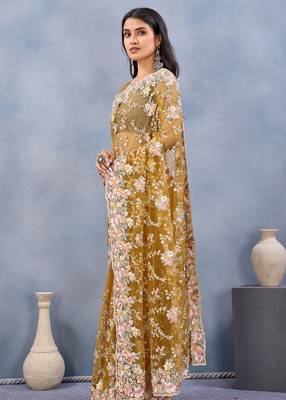 Mustard floral embroidered work designer net saree sari 3