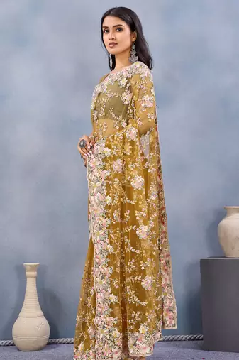 Mustard floral embroidered work designer net saree sari