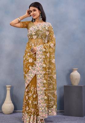 Mustard floral embroidered work designer net saree sari 4
