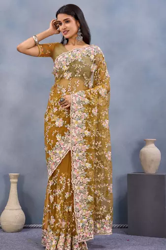 Mustard floral embroidered work designer net saree sari