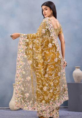 Mustard floral embroidered work designer net saree sari 5