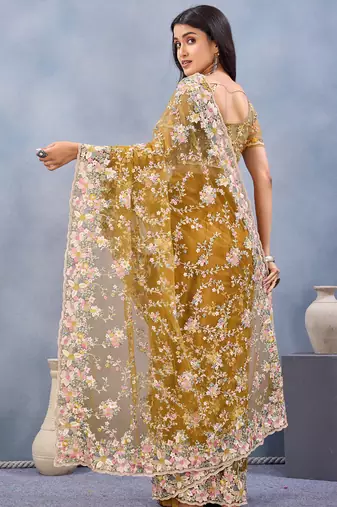 Mustard floral embroidered work designer net saree sari