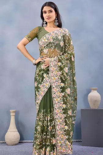 Green floral embroidered work designer net saree sari