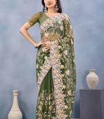 Green floral embroidered work designer net saree sari