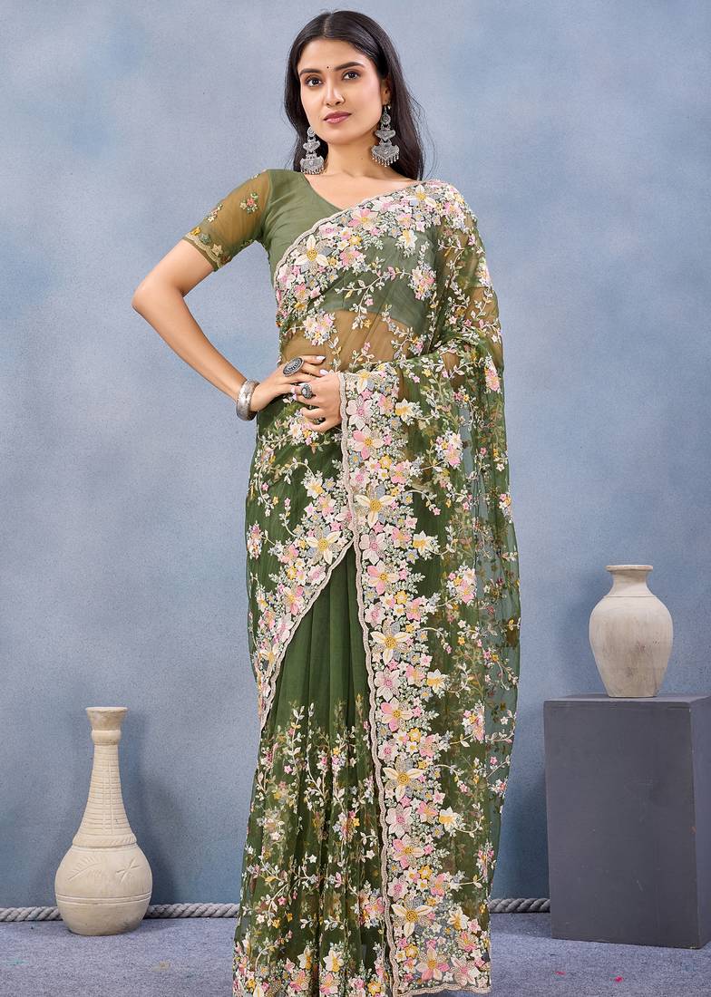 Green floral embroidered work designer net saree sari