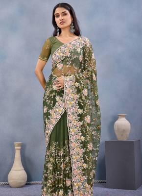 Green floral embroidered work designer net saree sari 2