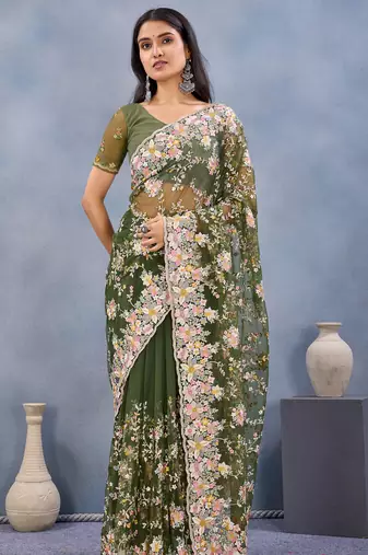Green floral embroidered work designer net saree sari