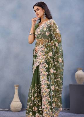 Green floral embroidered work designer net saree sari 3