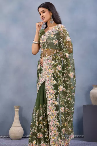Green floral embroidered work designer net saree sari