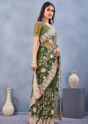 Green floral embroidered work designer net saree sari 4